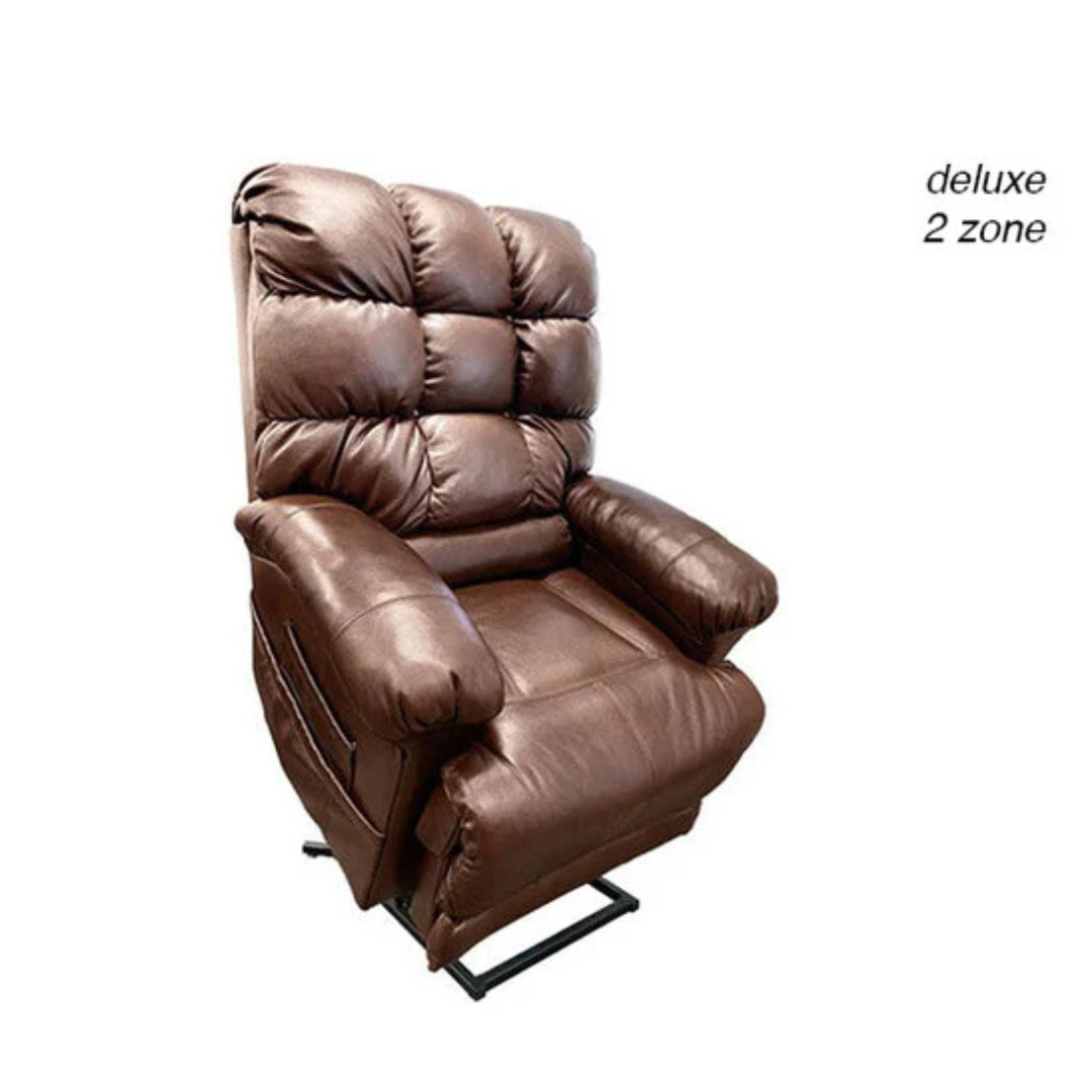 The Journey Perfect Sleep Reclining Lift Chair with Heat is a brown leather chair featuring a tufted backrest, plush armrests, and visible cushioned seat. Deluxe 2 zone is displayed in the corner. It provides therapeutic heat and massage, angled slightly for ultimate relaxation.